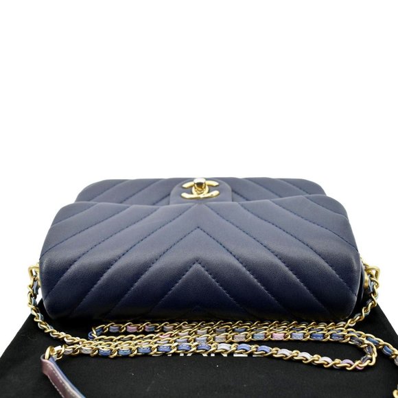 CHANEL  Mini Rectangular Flap Chevron Leather Crossbody Bag Navy Blue - Picture 5 of 12